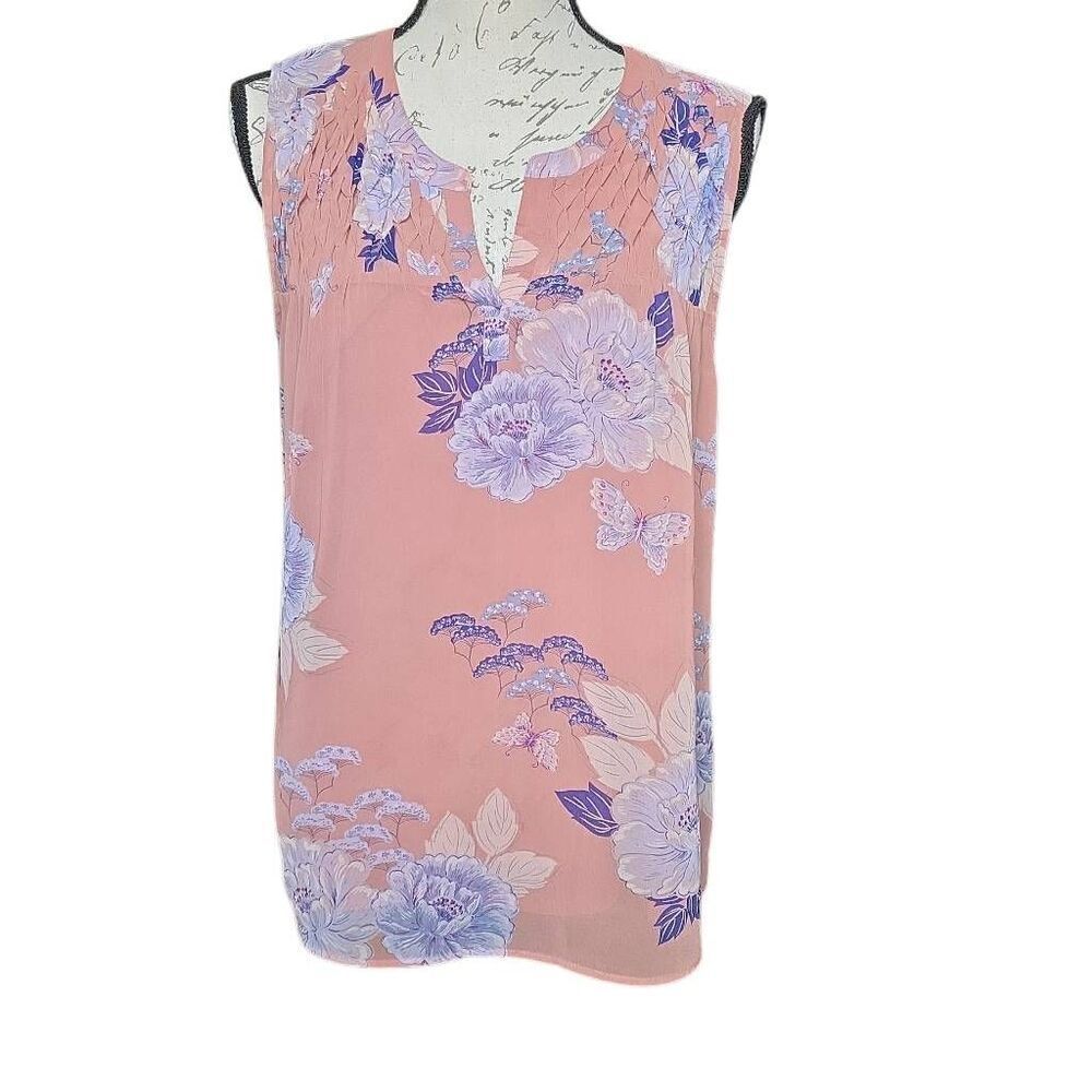 Daniel Rainn Women's Size Large Pink Floral Butterfly Basket Weave Blouse